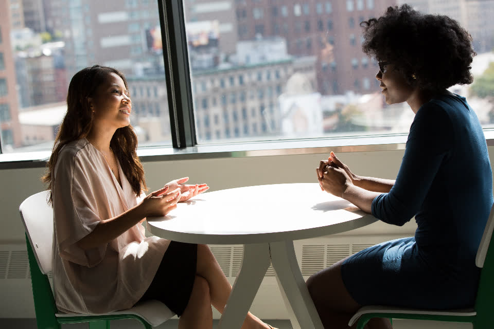Two colleagues talking through results at a window table